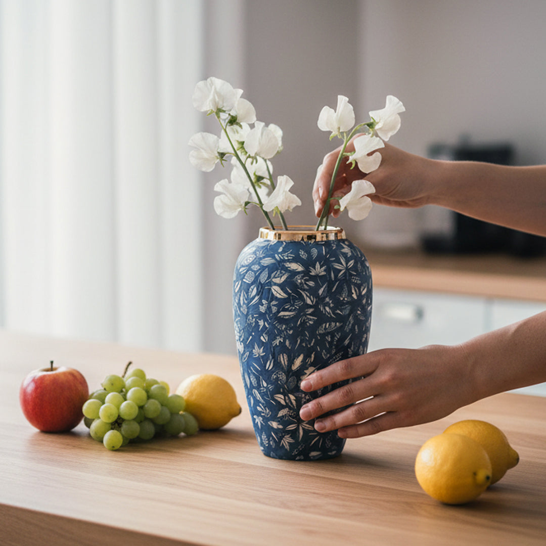 SOGA 30x19 Blue Medium Ceramic Flower Vase Elegant Living Room Home Decor