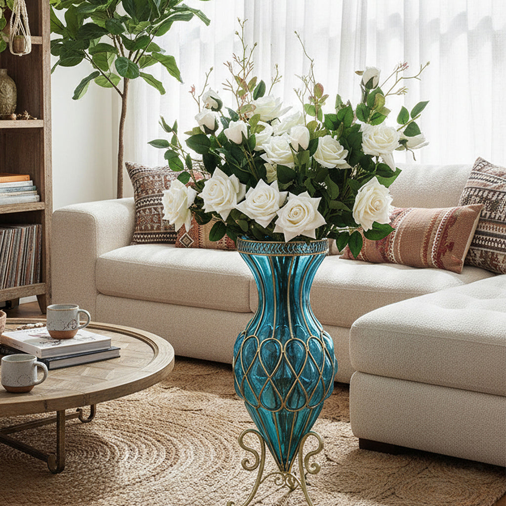 SOGA 67cm Blue Glass Tall Floor Vase and 12pcs White Artificial Fake Flower Set