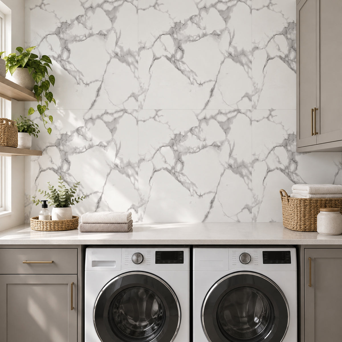 SOGA Peel & Stick Floor and Wall Tiles 60 x 60cm 10 Pack White Grey Faux Marble