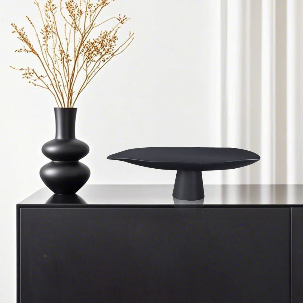 SOGA 46cm Black Ceramic Decorative Plate on Pedestal Stand