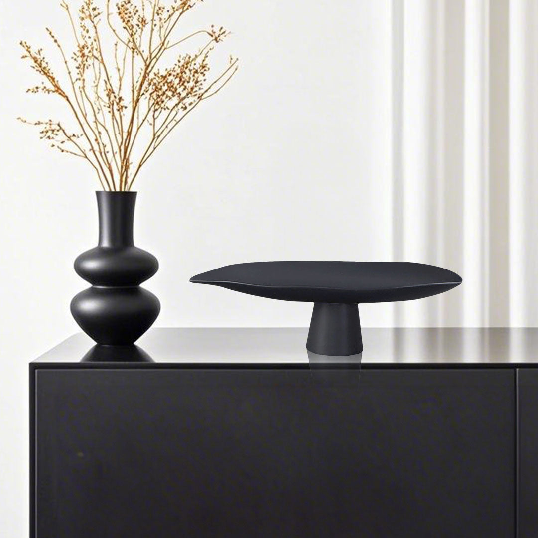 SOGA 46cm Black Ceramic Decorative Plate on Pedestal Stand