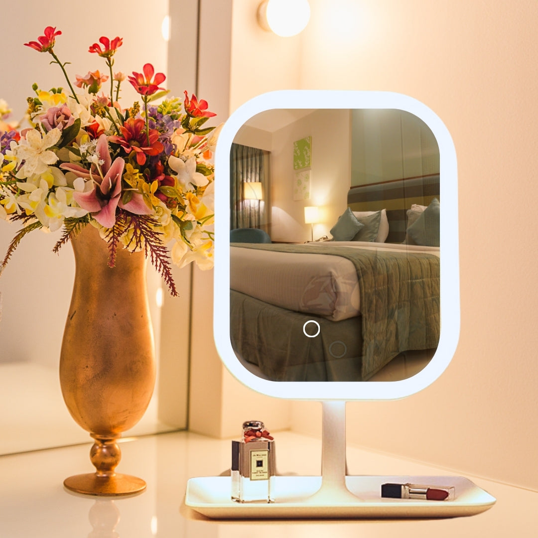 SOGA 2X 26cm White Squared Smart LED Makeup Bedroom Table Vanity Mirror Tricolor Adjustable Light