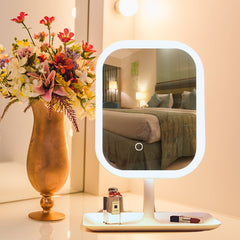 SOGA 2X 26cm White Squared Smart LED Makeup Bedroom Table Vanity Mirror Tricolor Adjustable Light w/ 5x Magnification