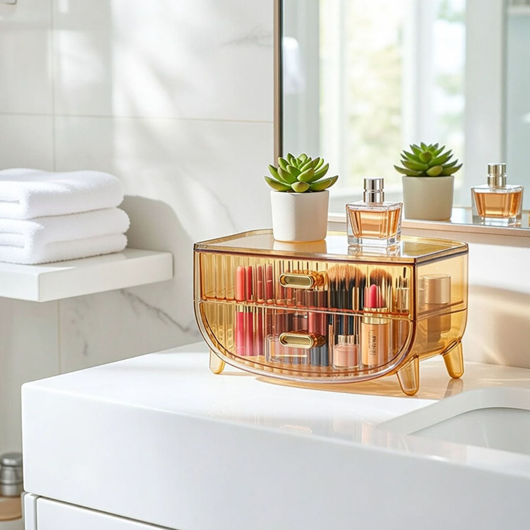 SOGA 2X 2 Tier Golden Yellow Multifunctional Countertop Cosmetic Storage Makeup Skincare Holder Jewelry Cabinet Bathroom Desk Drawer Vanity Organiser