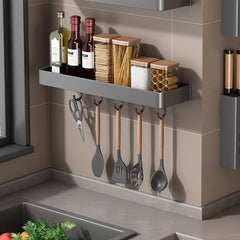 SOGA 2X 40cm Black Wall-Mounted Rectangular Kitchen Spice Storage Organiser Space Saving Condiments Shelf Rack with Hooks