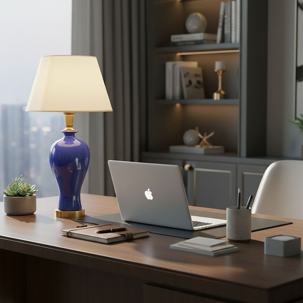 SOGA 4X Blue Ceramic Oval Table Lamp with Gold Metal Base