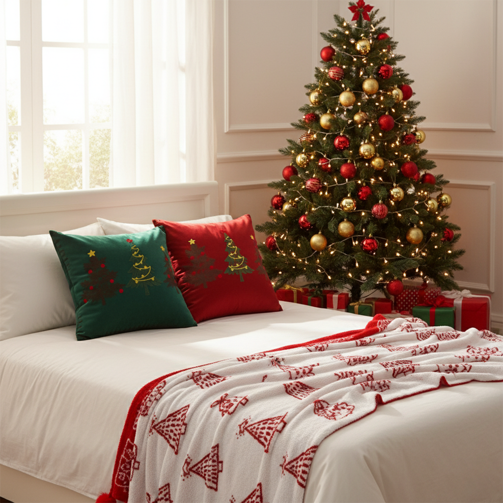 SOGA Christmas Bundle – Green & Burgundy Embroidered Tree Pillows & Red Holiday Throw Blanket $ 206