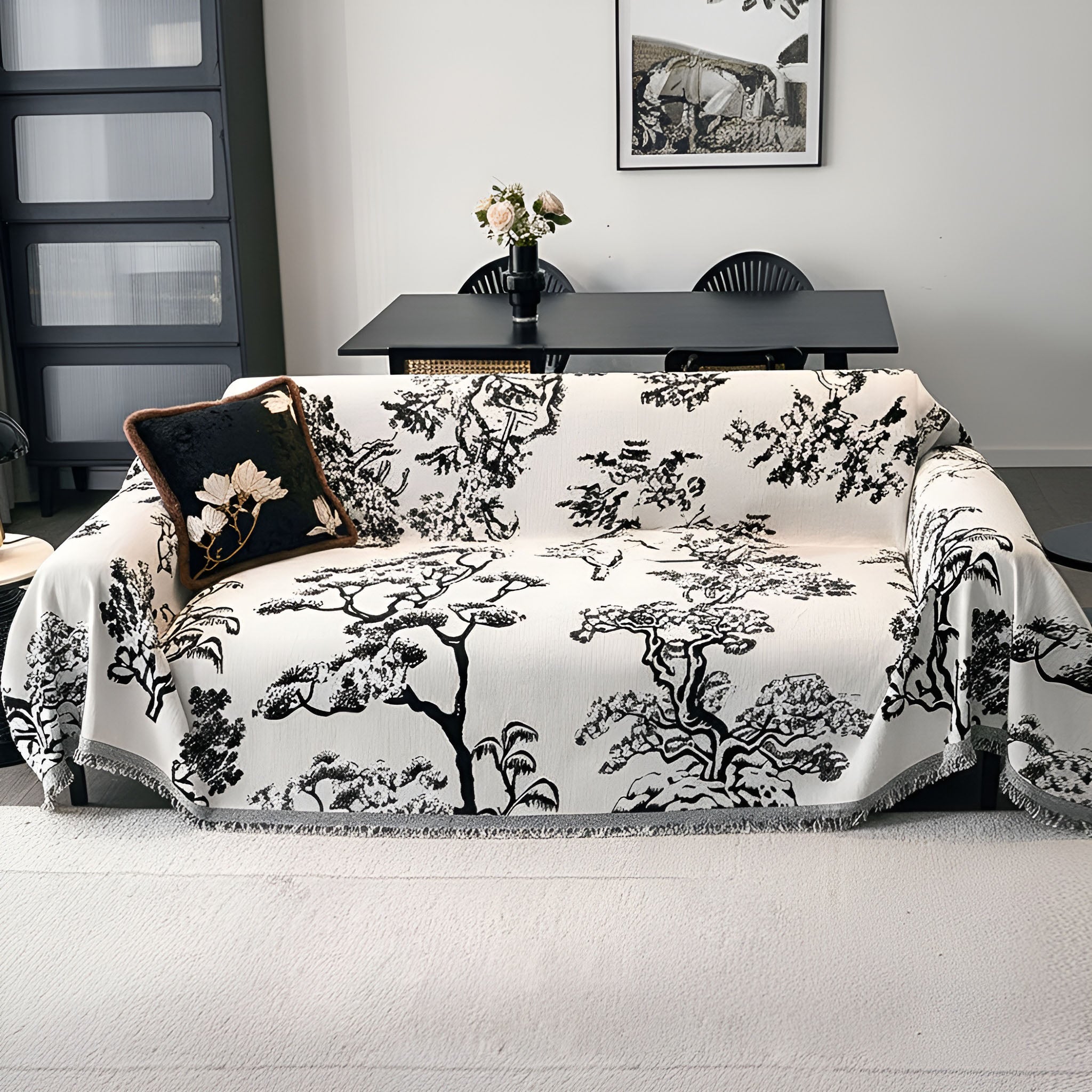 SOGA Four-seater White Sofa Cover Tree Print 180x420cm Polyester