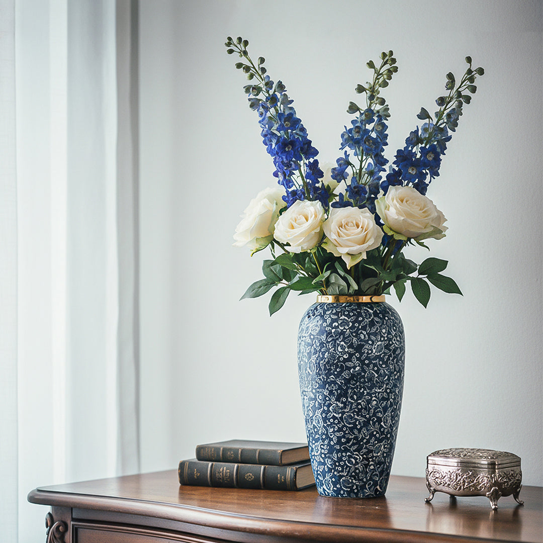 SOGA 35x17cm Blue with White Mini Floral Large Ceramic Flower Vase Elegant Living Room Home Decor