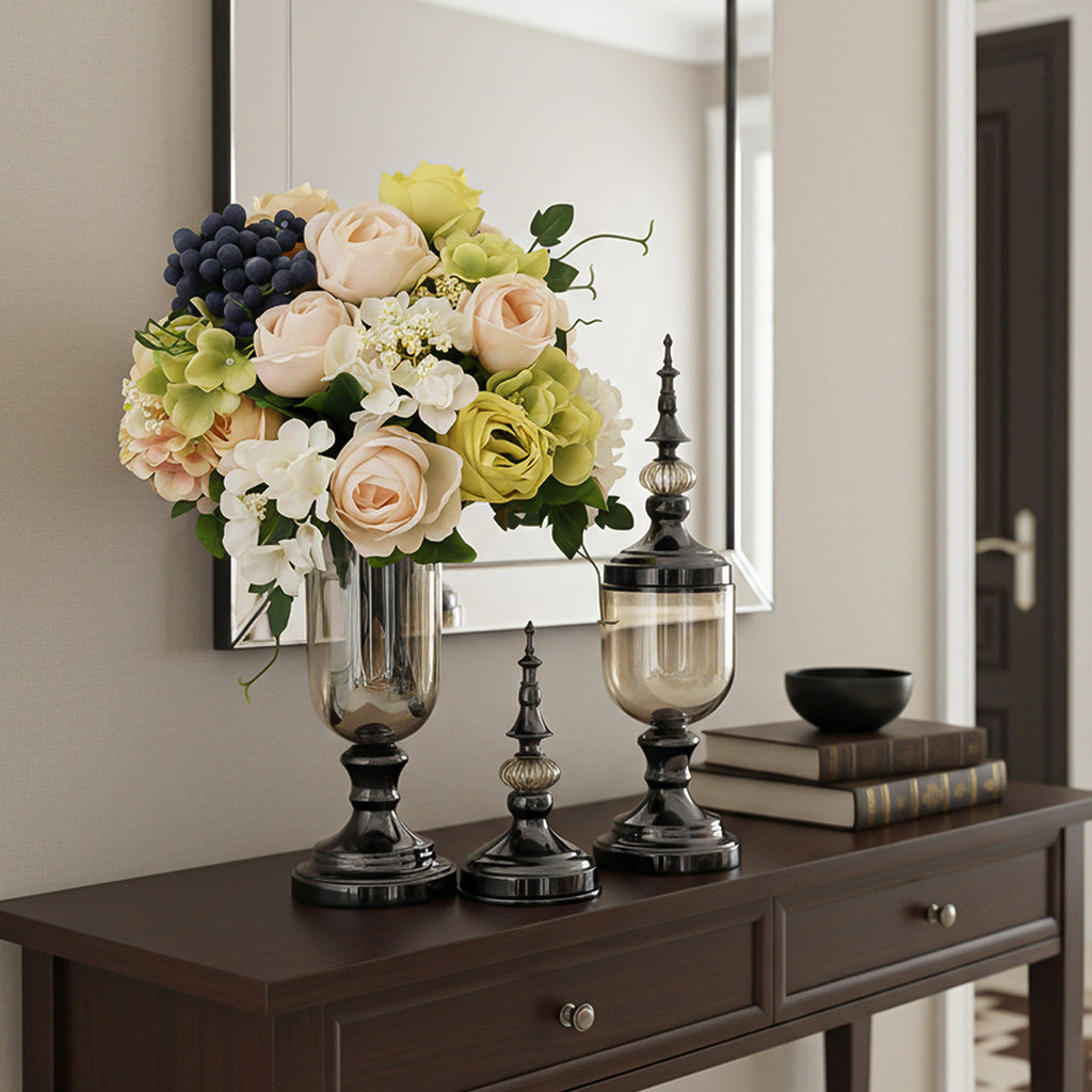 SOGA 2 x Clear Glass Flower Vase with Lid and White Flower Filler Vase Black Set