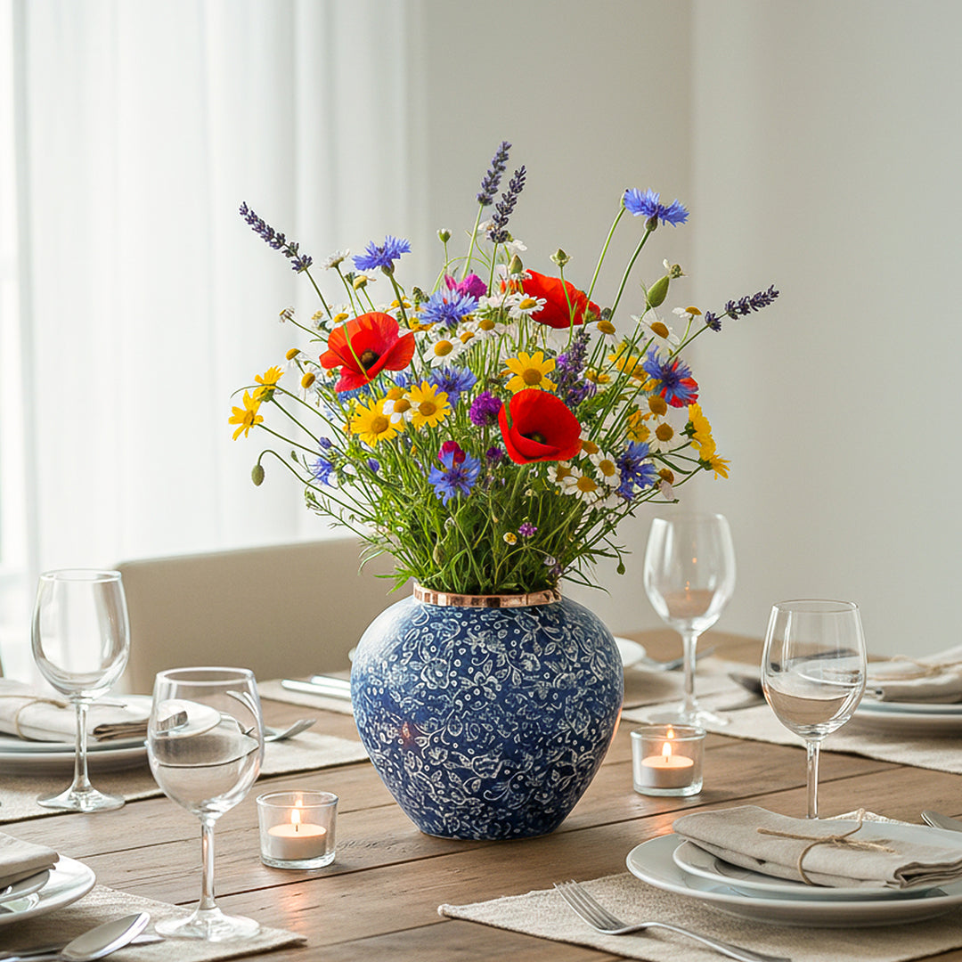 SOGA 21x22cm Blue with White Mini Floral Small Ceramic Flower Vase Elegant Living Room Home Decor