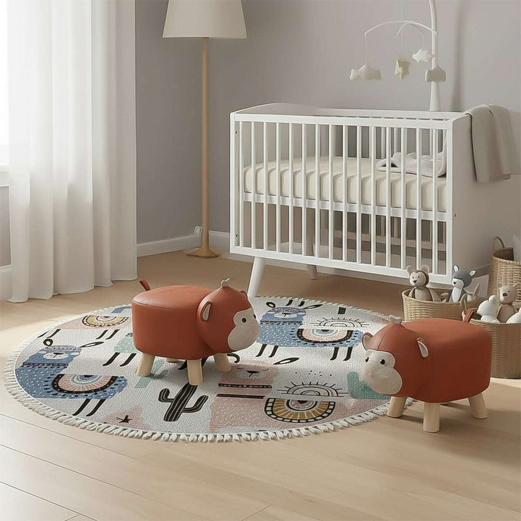 SOGA Home & Living Bundle – 2 Orange Monkey Children’s Ottoman & Alpaca Cactus Pattern Rug $ 134