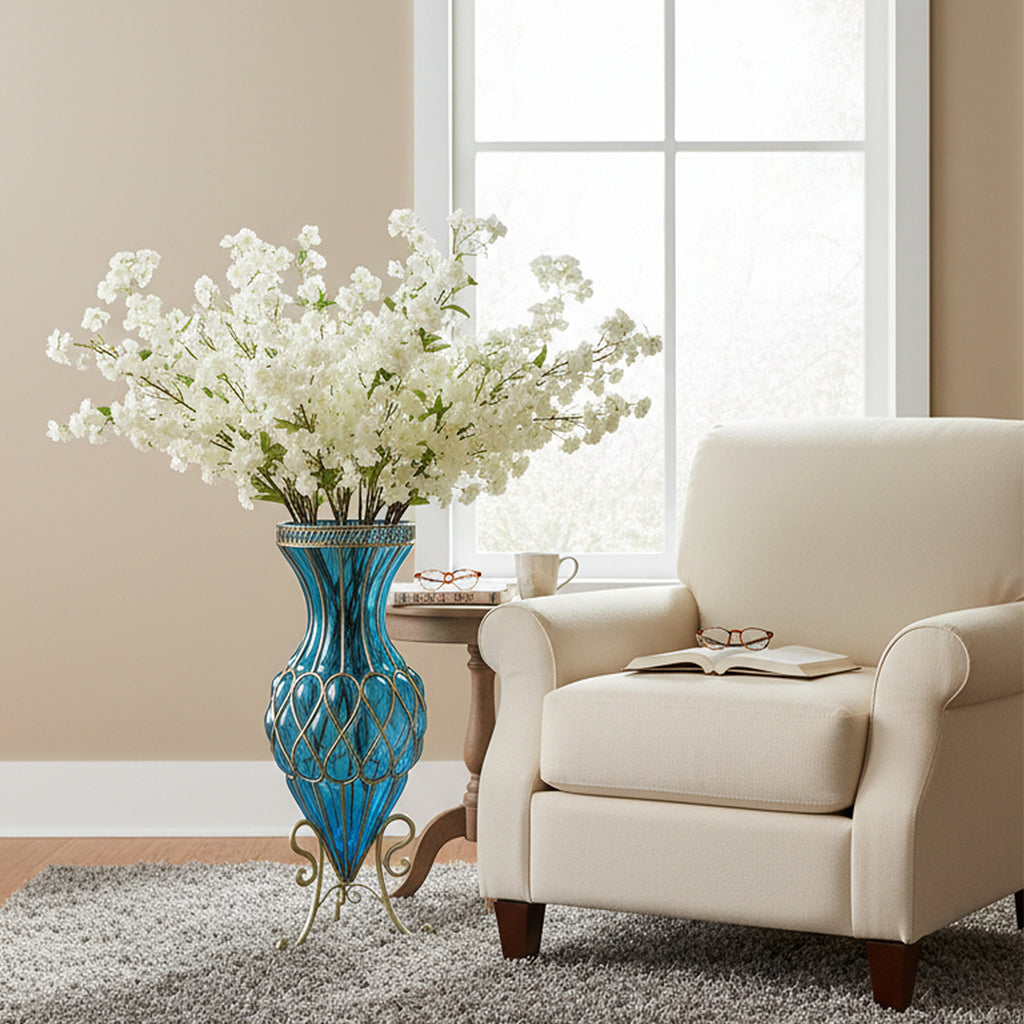 SOGA 67cm Blue Glass Tall Floor Vase with 10pcs White Artificial Fake Flower Set