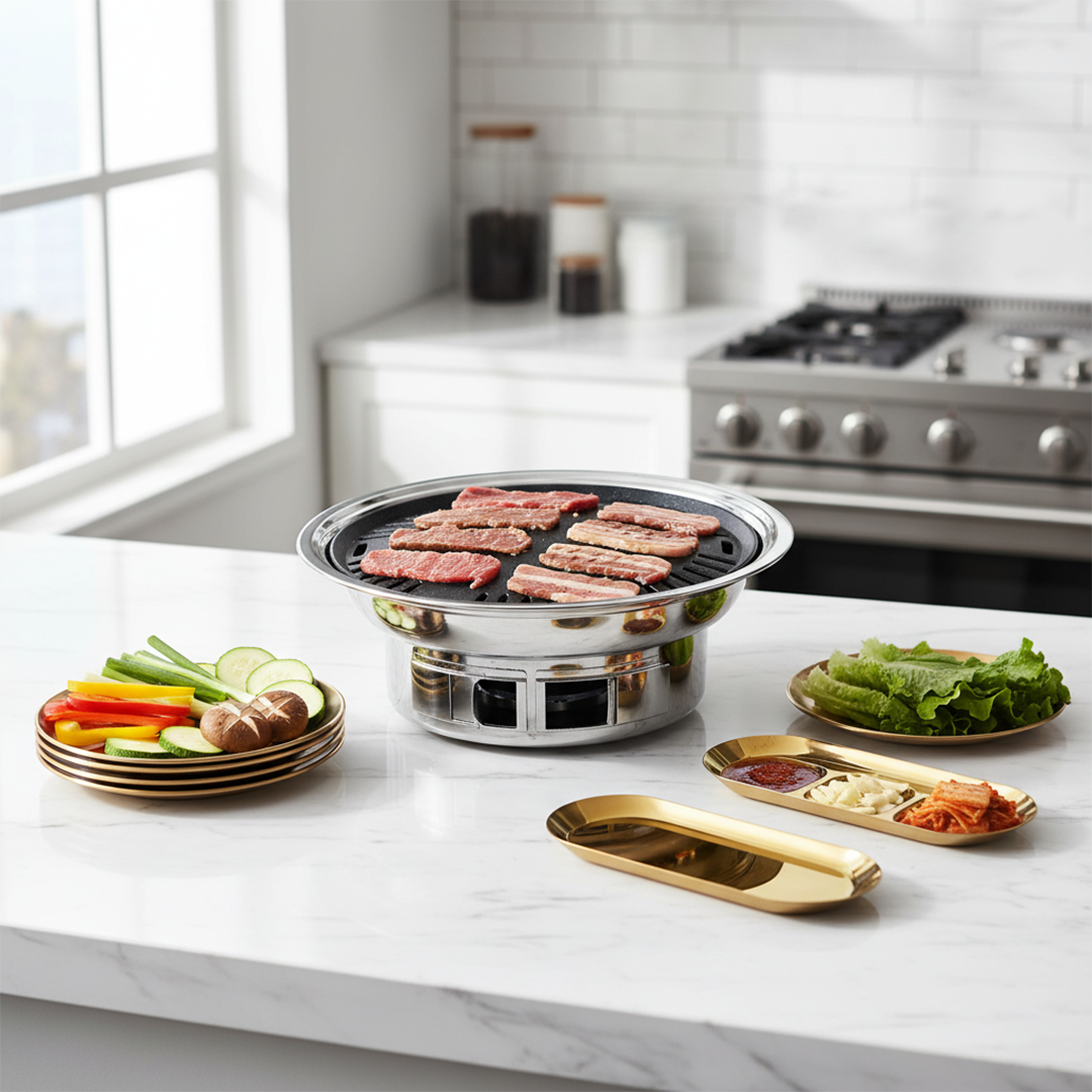 SOGA Kitchenware Bundle – Gold Nordic Plate Set, 23cm Grilling Plate & Portable Charcoal BBQ Grill $ 168