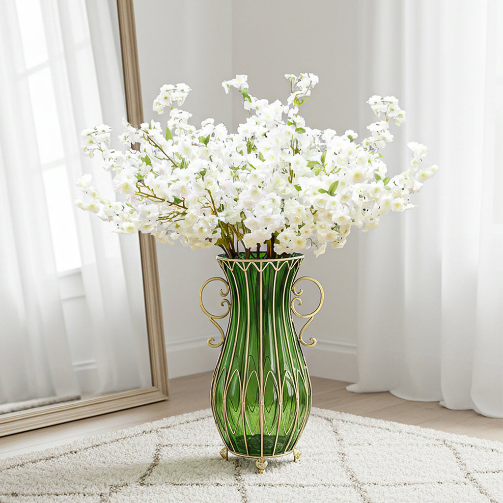 SOGA 51cm Green Glass Tall Floor Vase and 10pcs White Artificial Fake Flower Set
