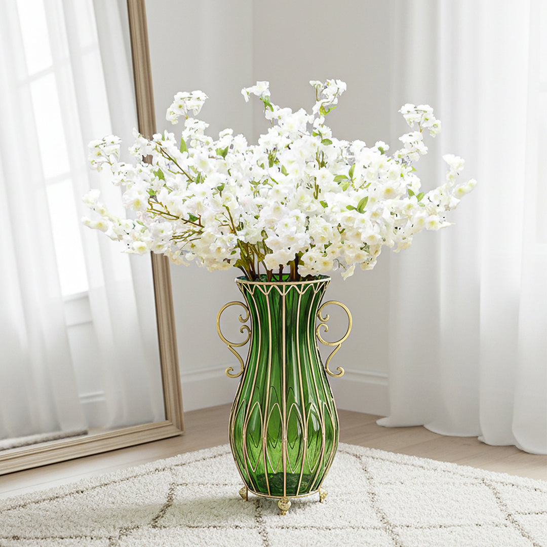 SOGA 51cm Green Glass Tall Floor Vase and 10pcs White Artificial Fake Flower Set