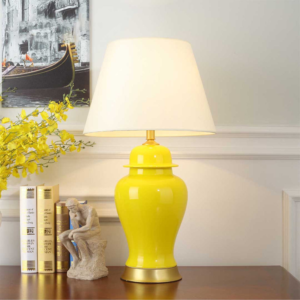 SOGA 2X Oval Ceramic Table Lamp with Gold Metal Base Desk Lamp Yellow