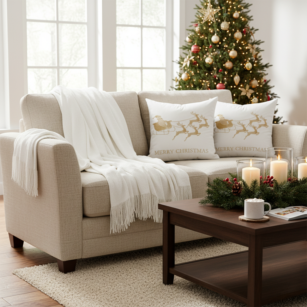 SOGA Christmas Bundle – 2 White & Gold Christmas Sleigh Pillow & White Knitted Throw Blanket $ 164
