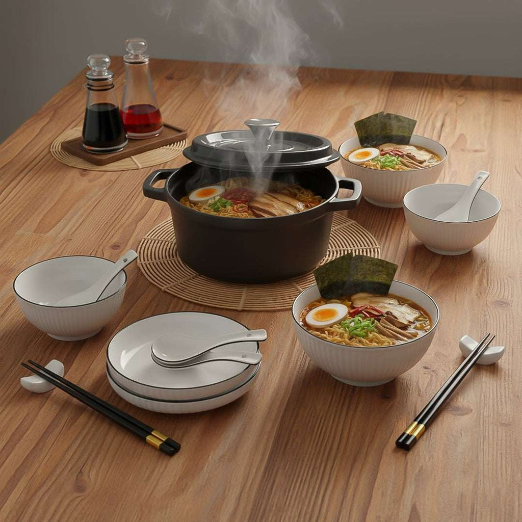 SOGA Kitchenware Bundle – White Japanese Ceramic Dinnerware Set & Black Cast Iron Stewpot $ 140