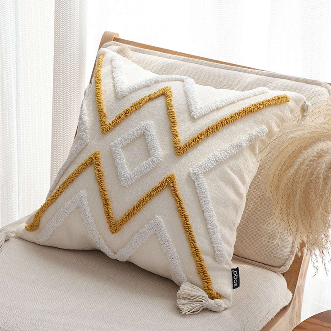SOGA 2X Boho Tufted Cushion 45cm Tassel Beige Yellow Geometric Chevron Throw Pillow $ 140