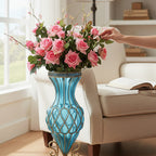 SOGA 67cm Blue Glass Tall Floor Vase and 12pcs Pink Artificial Fake Flower Set