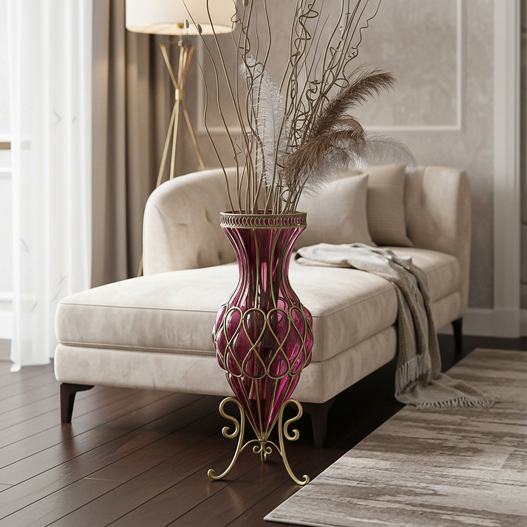 SOGA 67cm Purple Glass Tall Floor Vase with Metal Flower Stand