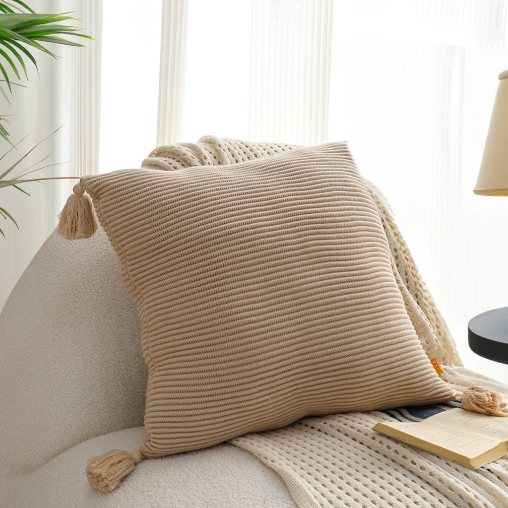 SOGA 45cm Khaki Wabi-Sabi Raised Pillow Cotton Striped Large Tassel Square Pillow Throw Pillow