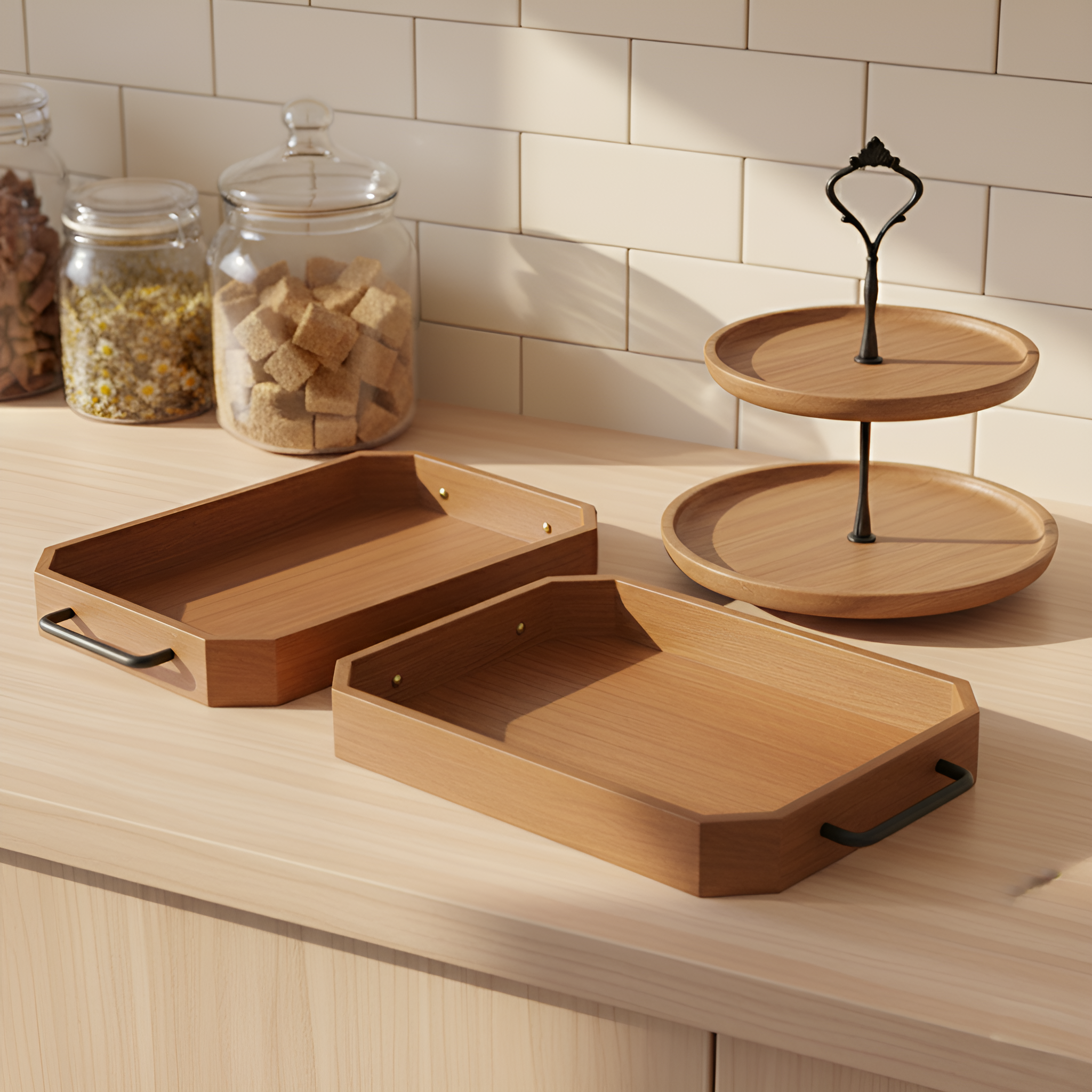SOGA Kitchenware Bundle – 2 Paulownia Wood Serving Trays & 2-Tier Acacia Dessert Stand $ 132