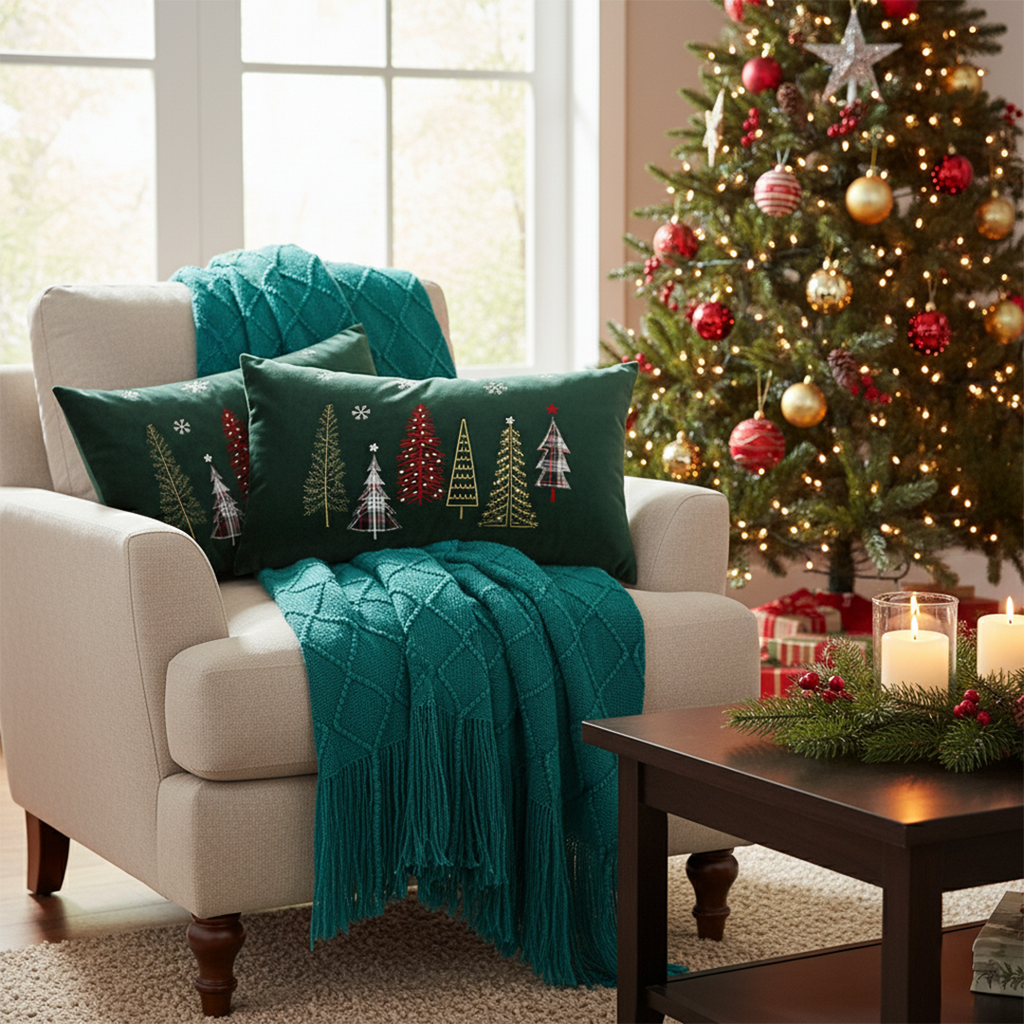 SOGA Christmas Bundle – 2 Dark Green Christmas Forest Lumbar Pillow & Teal Knitted Throw Blanket $ 162