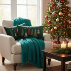 SOGA Christmas Bundle – 2 Dark Green Christmas Forest Lumbar Pillow & Teal Knitted Throw Blanket $ 162