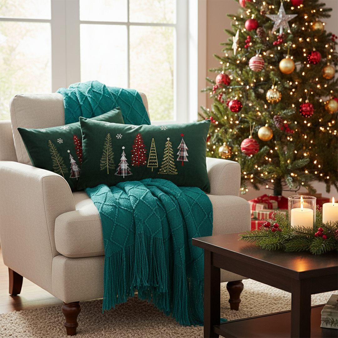SOGA Christmas Bundle – 2 Dark Green Christmas Forest Lumbar Pillow & Teal Knitted Throw Blanket $ 162
