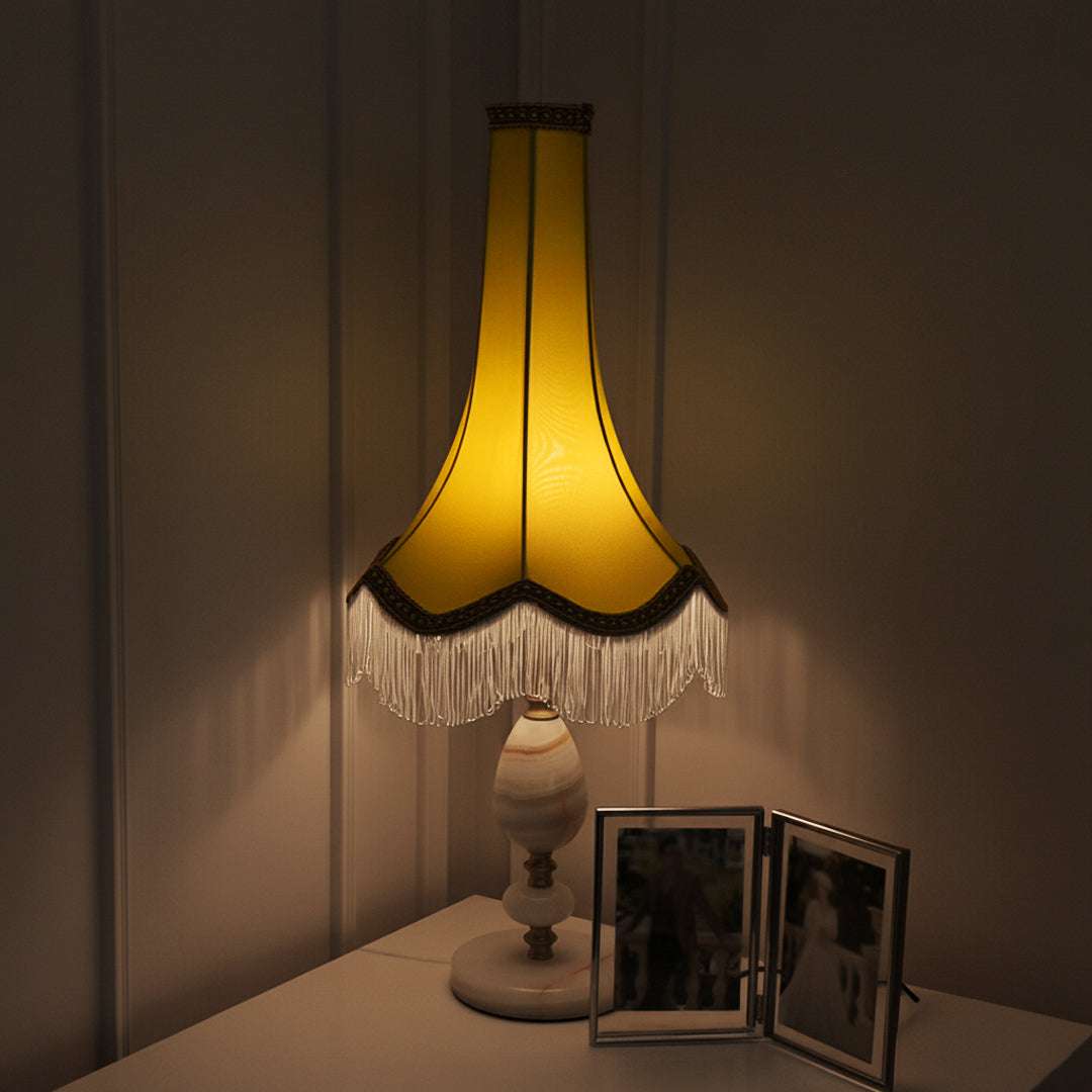 SOGA 2X Jade Stone Base Table Lamp Vintage Yellow Shade Tassel Fringe Bedside Desk Light $ 573