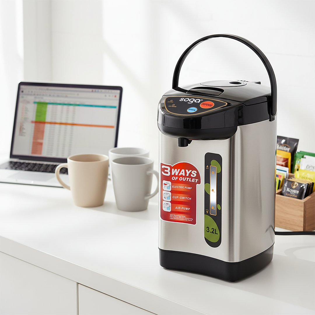 SOGA 3.2L Silver Stainless Steel Electric Thermal Pot Dispenser with 3 Dispensing Modes