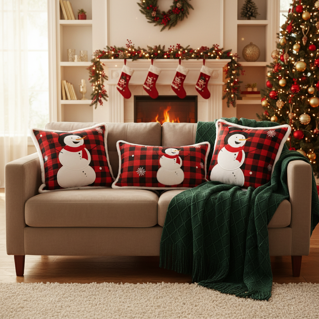 SOGA Christmas Bundle – Red Snowman Pillows & Green Diamond Knitted Throw Blanket $ 218