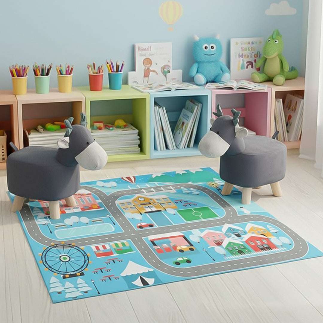 SOGA Home & Living Bundle – 2 Grey Deer Character Children's Ottoman & Kids Street Map Rug