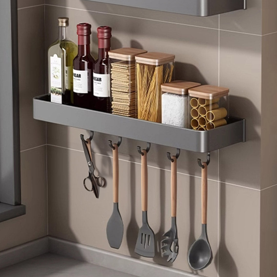 SOGA 2X 50cm Black Wall-Mounted Rectangular Kitchen Spice Storage Organiser Space Saving Condiments Shelf Rack with Hooks