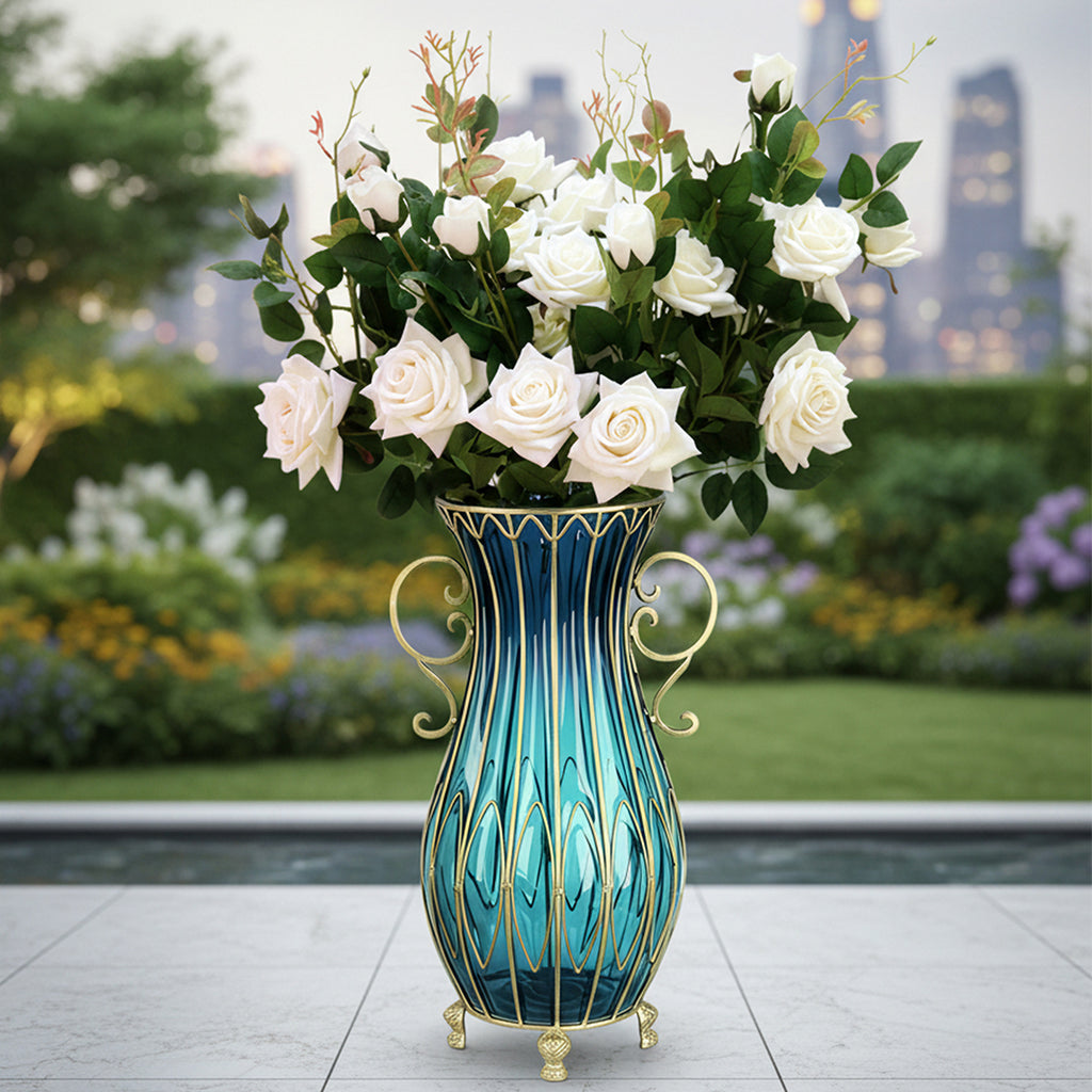 SOGA 51cm Blue Glass Tall Floor Vase with 12pcs White Artificial Fake Flower Set