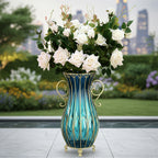 SOGA 51cm Blue Glass Tall Floor Vase with 12pcs White Artificial Fake Flower Set