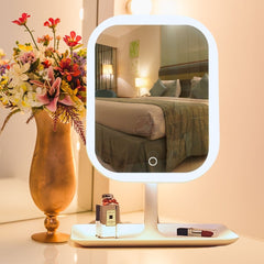 SOGA 26cm White Squared Smart LED Makeup Bedroom Table Vanity Mirror Tricolor Adjustable Light w/ 5x Magnification
