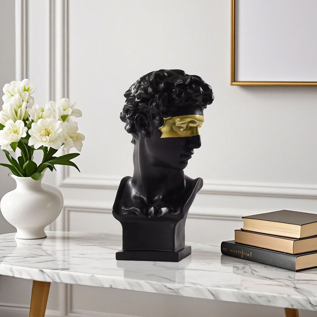 SOGA 56cm Black Resin Bust – Gold Masked Sculpture for Modern Decor
