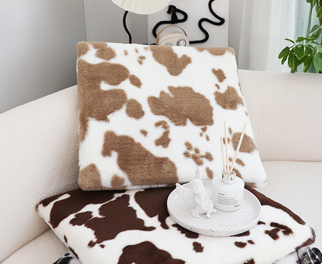 SOGA Brown Cow Print Cushion – Soft Plush Backrest for Home & Office