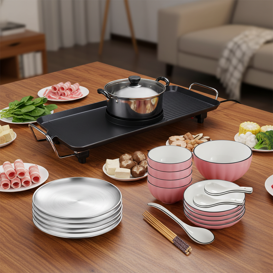 SOGA Kitchenware Bundle – Electric Steamboat Hot Pot, Pink Ceramic Dinnerware & Silver Grilling Plate