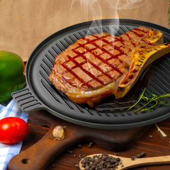 SOGA 2X 43cm Round Ribbed Cast Iron Frying Pan Skillet Steak Sizzle Platter with Handle