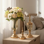 SOGA 2 x Clear Glass Flower Vase with Lid and White Flower Filler Vase Gold Set