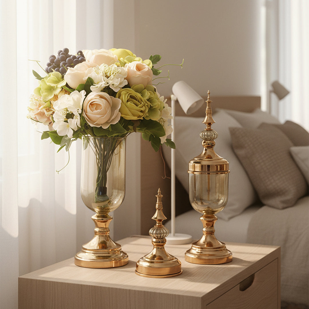 SOGA 2 x Clear Glass Flower Vase with Lid and White Flower Filler Vase Gold Set