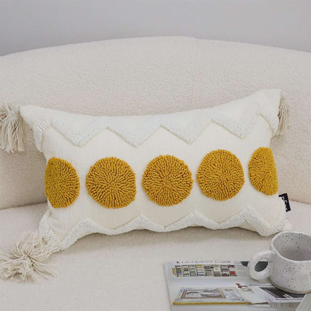 SOGA 30cm Cream Yellow Circle Pom Chevron Tassel Decorative Pillow $ 72