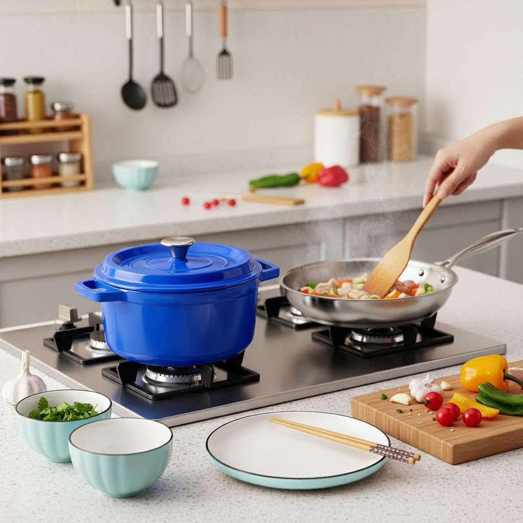 SOGA Kitchenware Bundle – Blue Enamel Stewpot, Stainless Steel Fry Pan & Ceramic Dinnerware Set $ 229