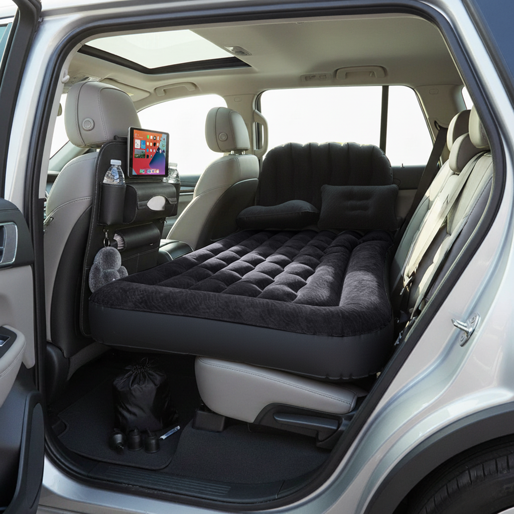 SOGA Car Bundle F – Black Back Seat Storage Organizer & Portable Inflatable Boot Mattress