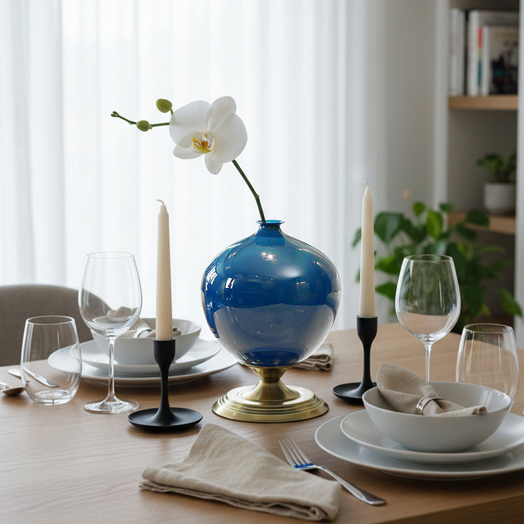 SOGA 38cm Ceramic Oval Flower Vase with Gold Metal Base Dark Blue