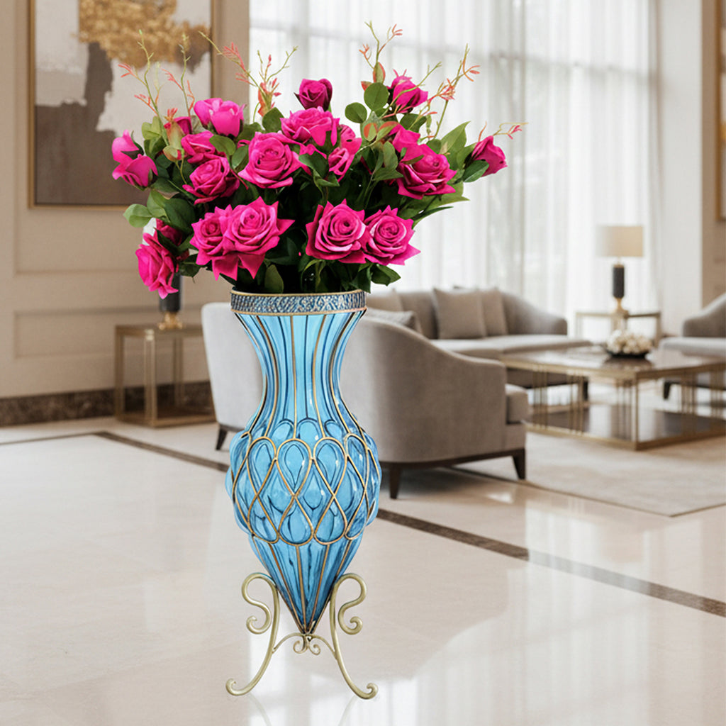 SOGA 67cm Blue Glass Tall Floor Vase and 12pcs Dark Pink Artificial Fake Flower Set